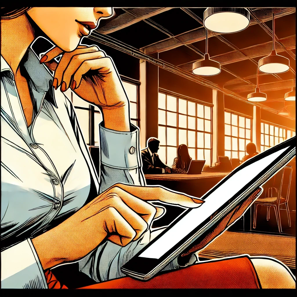 A close-up of a woman’s hand touching a tablet screen in a bright, open-plan office.
